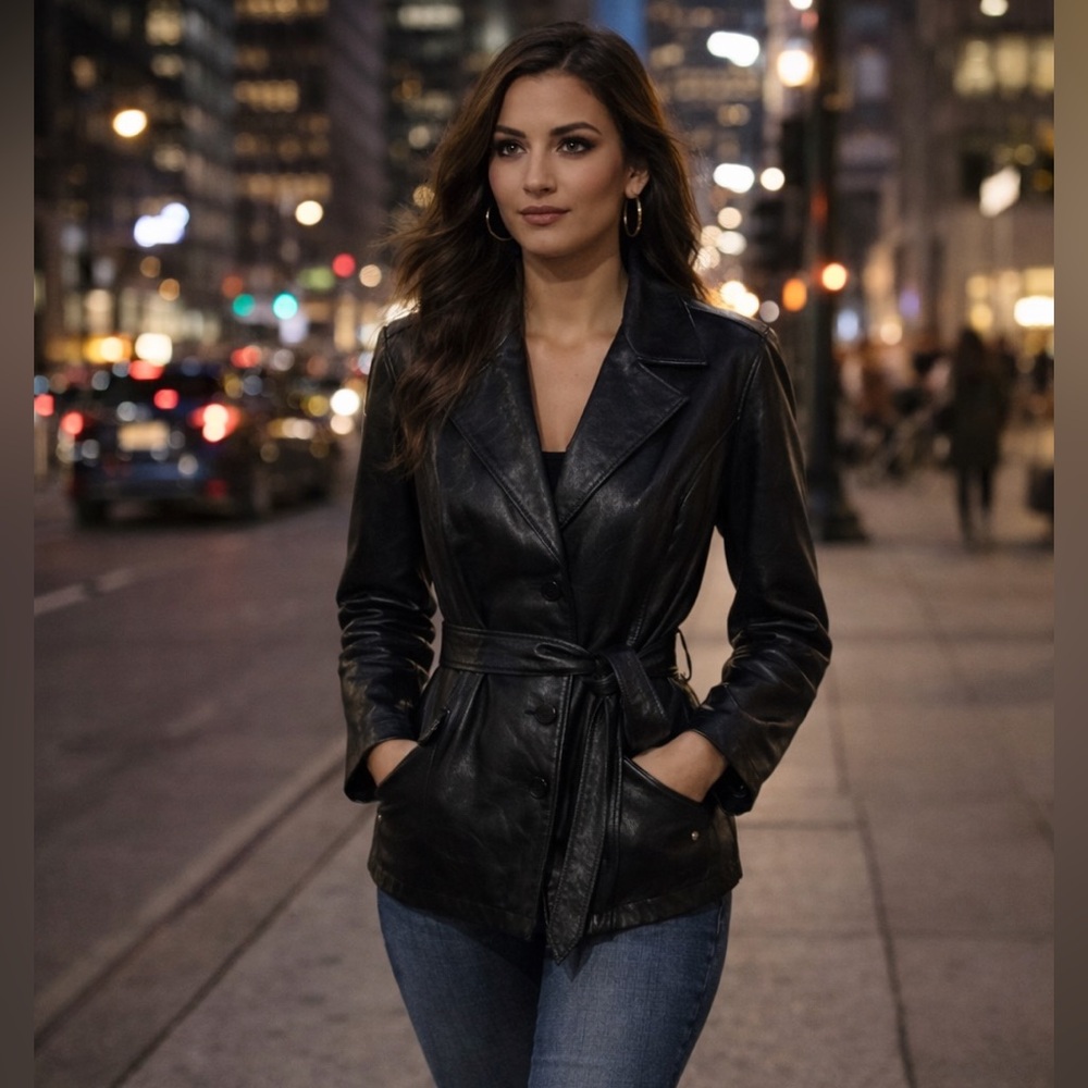 Womens Black Leather Belted Jacket -